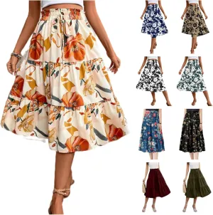 Midi Skirts for Women-2025 Summer Elegant Pleated Floral Skirts Elastic Waisted Tie Front Plus Size Ruffle Skirt