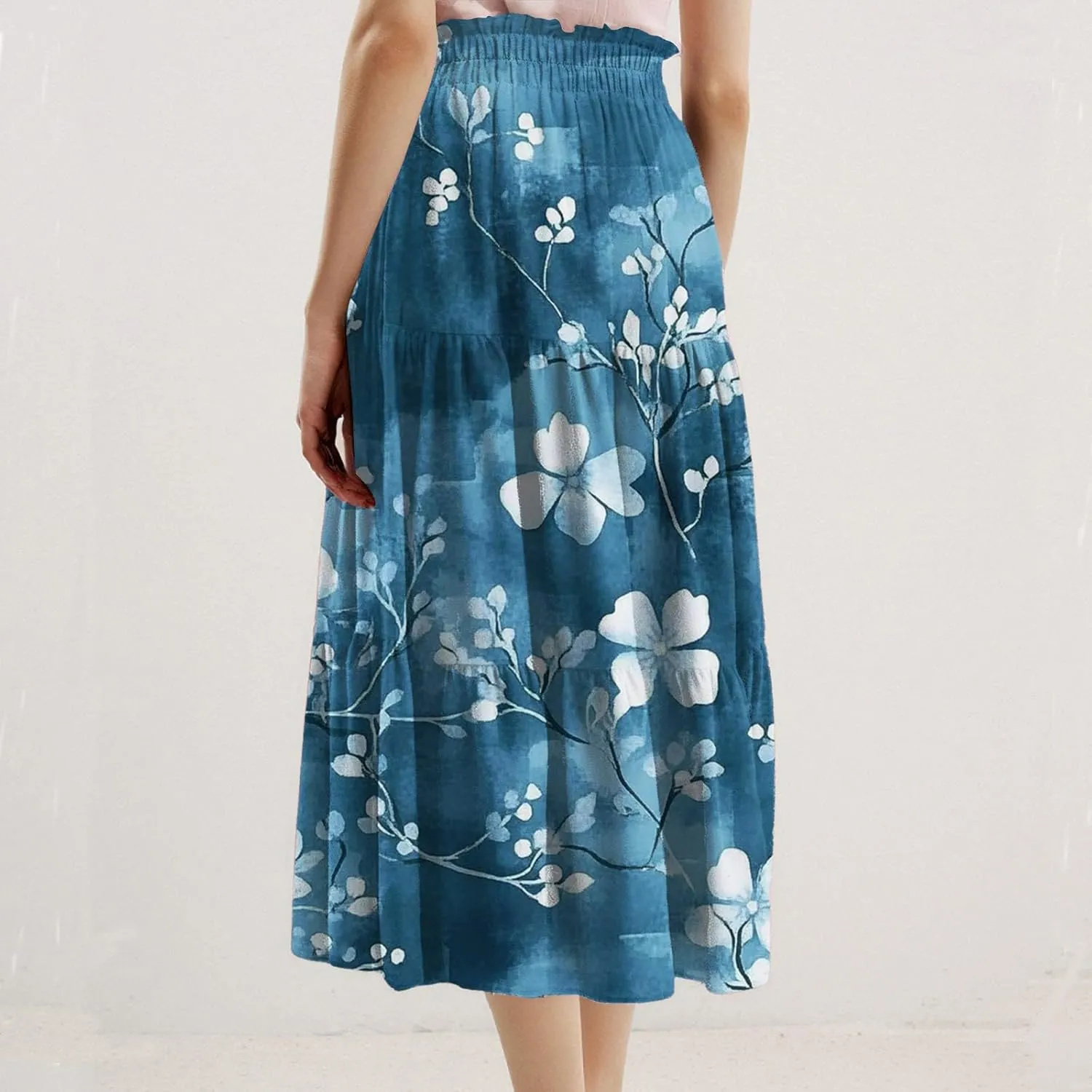 Midi Skirts for Women-2025 Summer Elegant Pleated Floral Skirts Elastic Waisted Tie Front Plus Size Ruffle Skirt