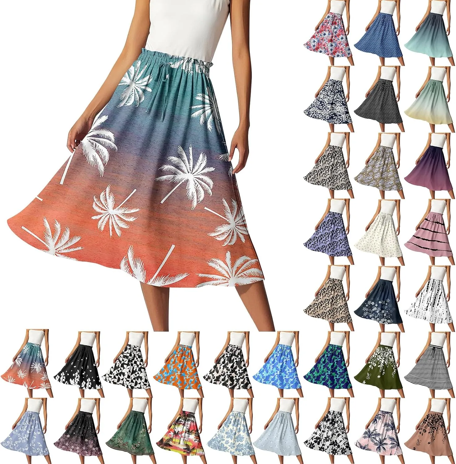 Midi Skirts for Women,2025 Summer Flowy Elastic High Waist A Line Skirts Elegant Beach Floral Outfits