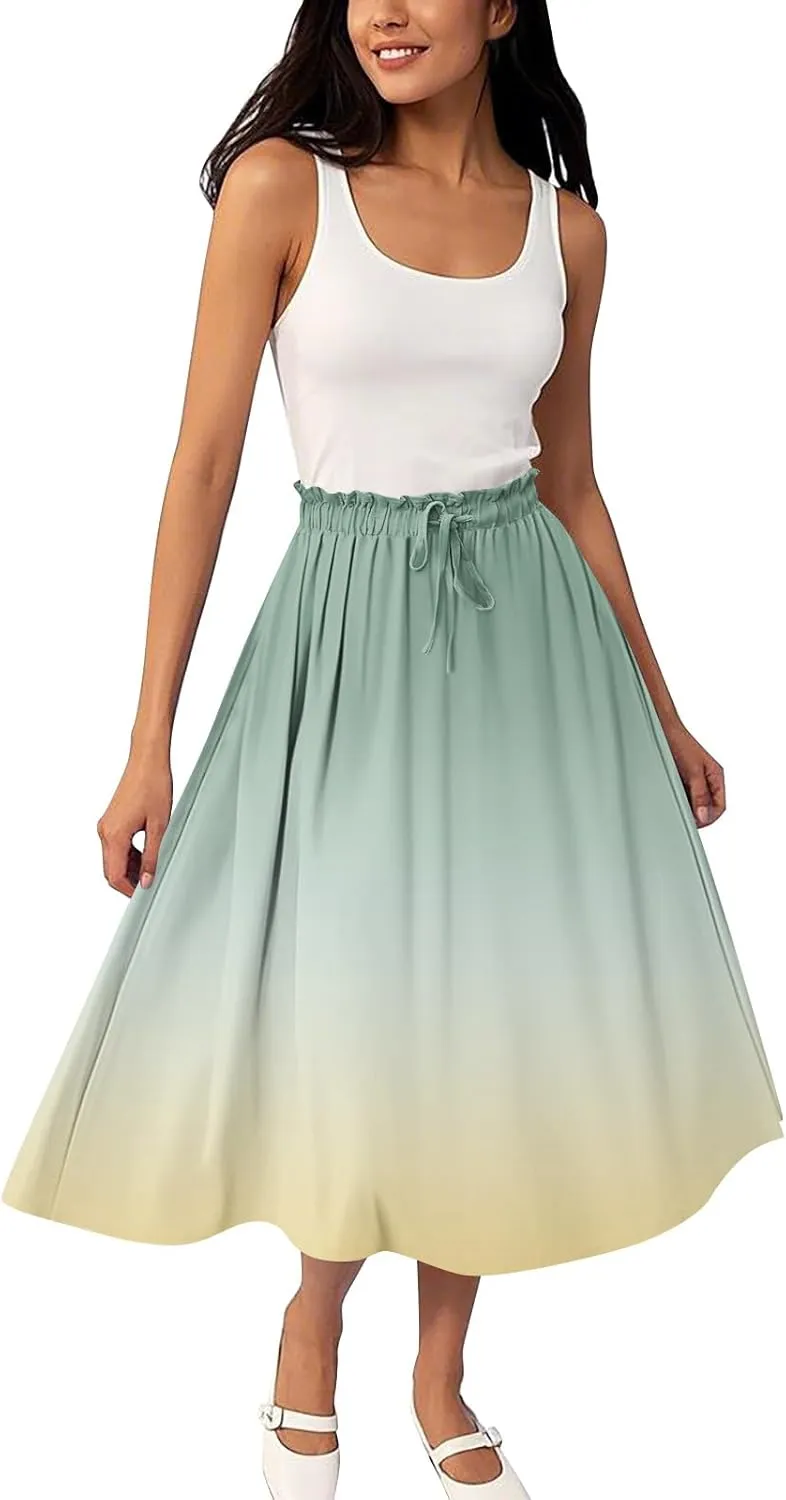 Midi Skirts for Women,2025 Summer Flowy Elastic High Waist A Line Skirts Elegant Beach Floral Outfits
