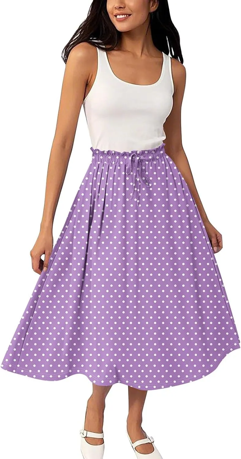 Midi Skirts for Women,2025 Summer Flowy Elastic High Waist A Line Skirts Elegant Beach Floral Outfits