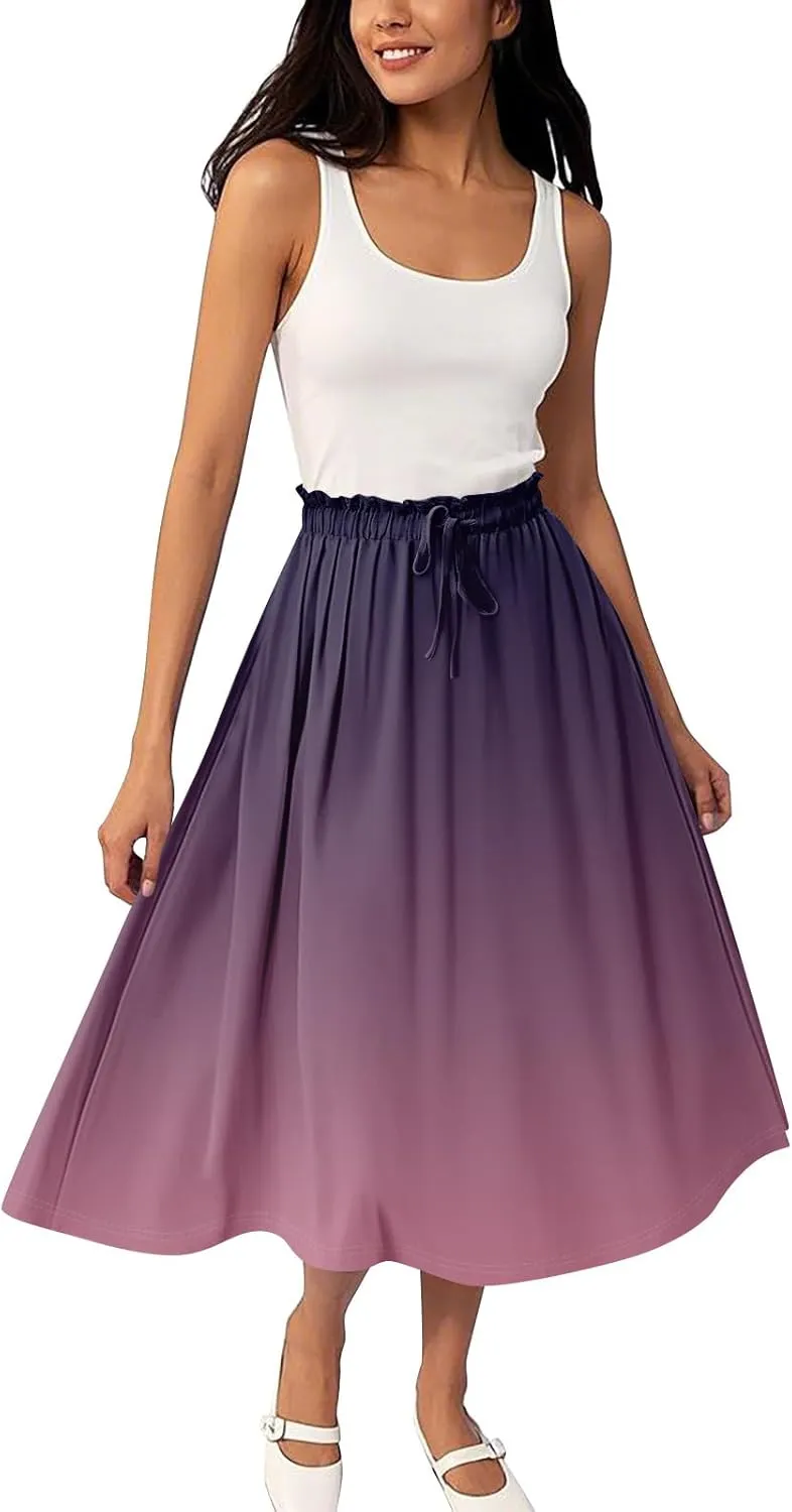 Midi Skirts for Women,2025 Summer Flowy Elastic High Waist A Line Skirts Elegant Beach Floral Outfits