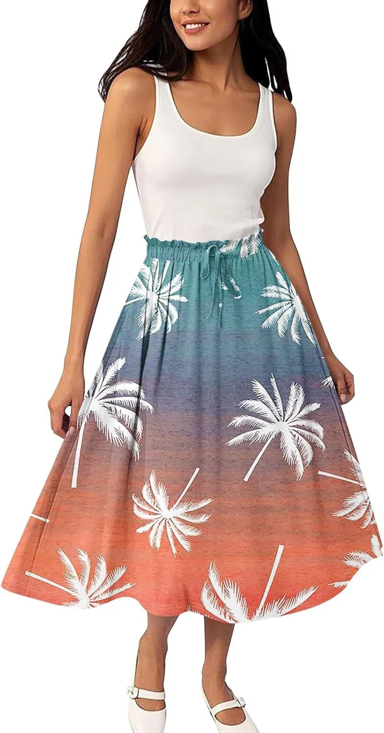 Midi Skirts for Women,2025 Summer Flowy Elastic High Waist A Line Skirts Elegant Beach Floral Outfits