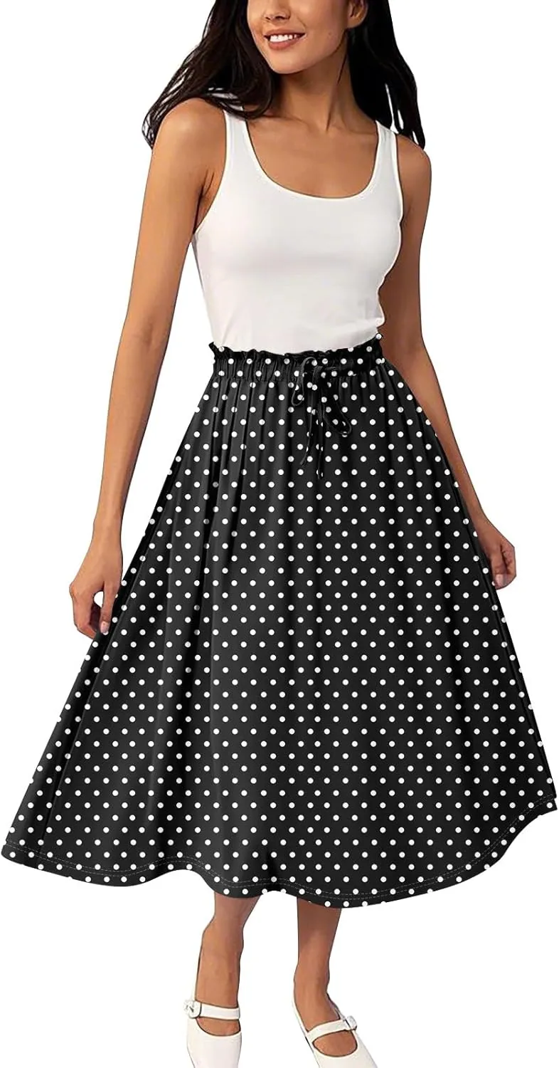 Midi Skirts for Women,2025 Summer Flowy Elastic High Waist A Line Skirts Elegant Beach Floral Outfits
