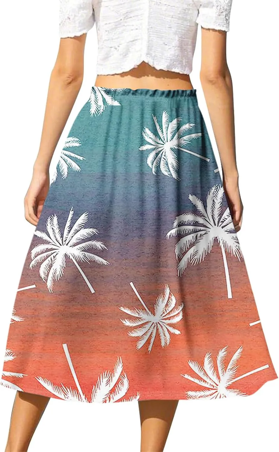 Midi Skirts for Women,2025 Summer Flowy Elastic High Waist A Line Skirts Elegant Beach Floral Outfits