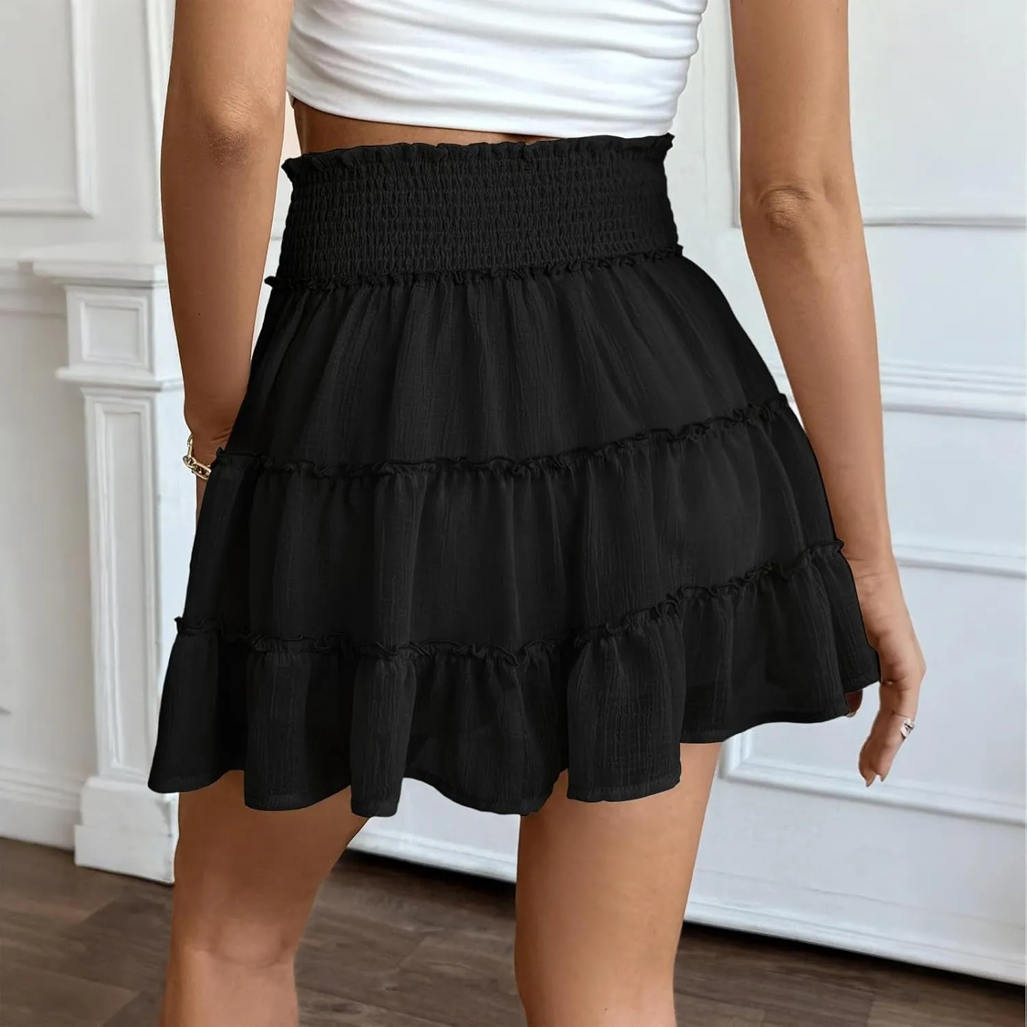 Mini Skirts with Shorts for Women Cute Summer High Waisted Tiered Ruffle Short Skirt Flowy Beach Chiffon Skirt