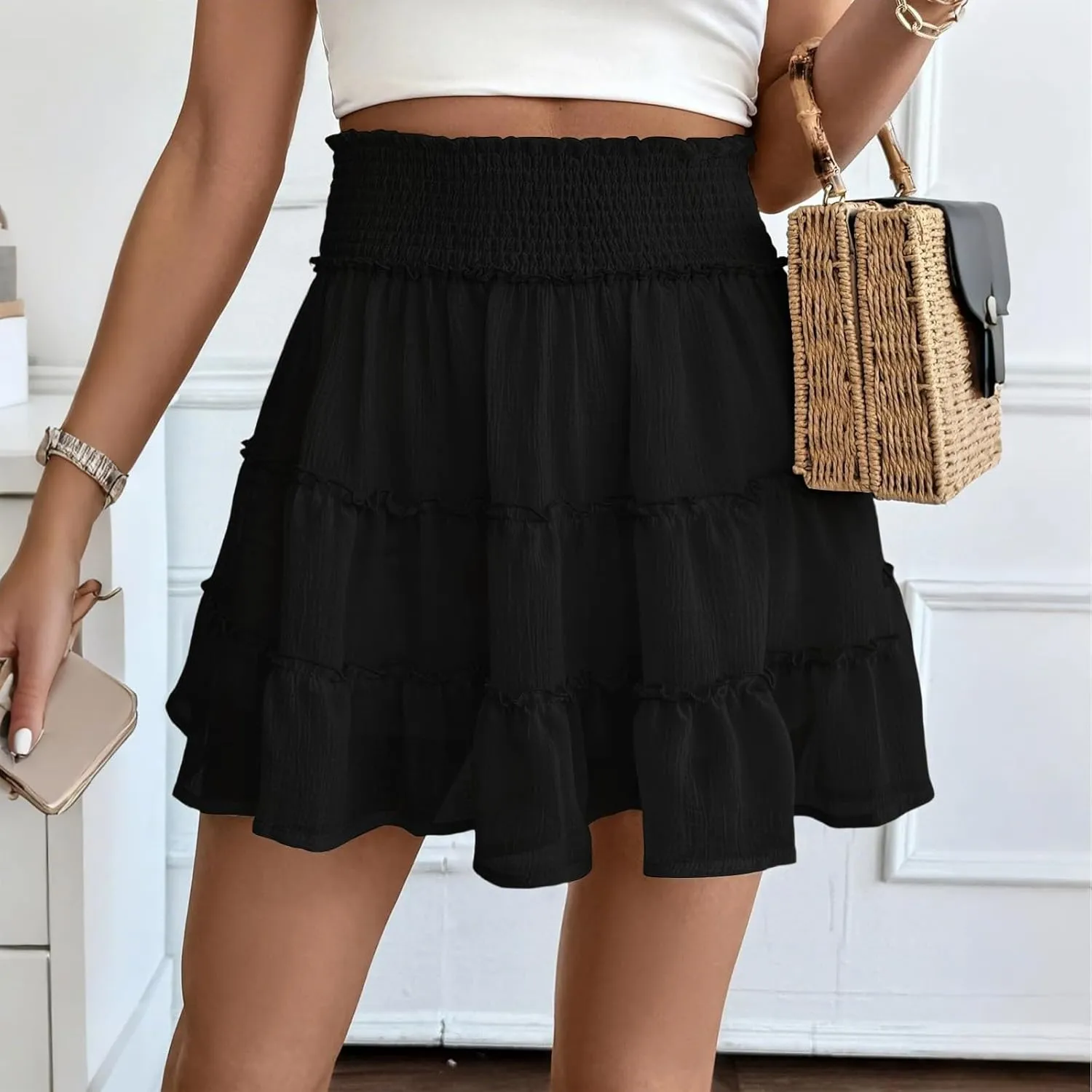 Mini Skirts with Shorts for Women Cute Summer High Waisted Tiered Ruffle Short Skirt Flowy Beach Chiffon Skirt