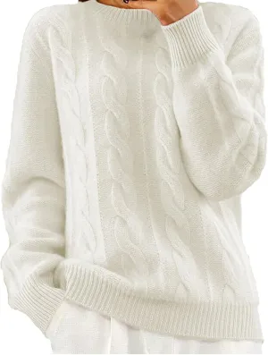 Miyaomn Leggings for Women Stylish Twisted Cable Knit Pullover Sweaters for Women Long Sleeve Crew Neck Jumper Tops Slim Fit Casual Plain Blouse(White,Large)