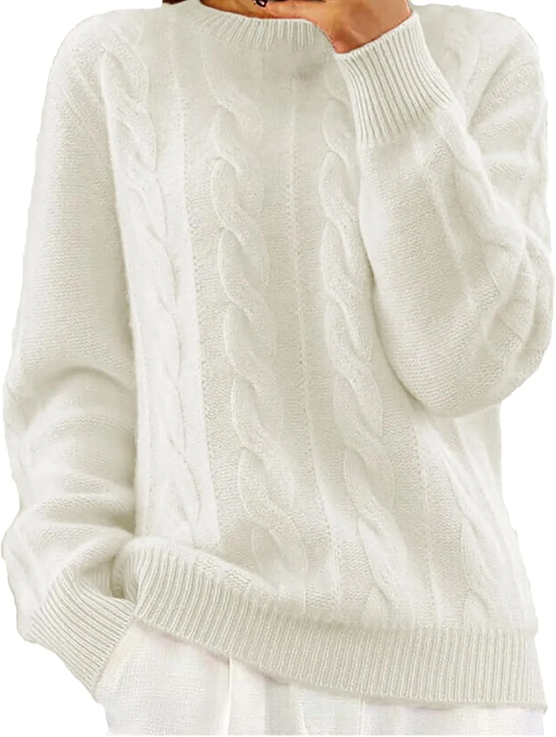 Miyaomn Leggings for Women Stylish Twisted Cable Knit Pullover Sweaters for Women Long Sleeve Crew Neck Jumper Tops Slim Fit Casual Plain Blouse(White,Large)