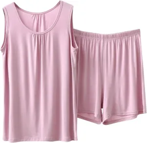 Miyaomn Pajamas Set for Women Comfortable Sleeveless Tank Top and Shorts Sets Solid Color Loose Vest Cami Soft Sleepwear 2pc
