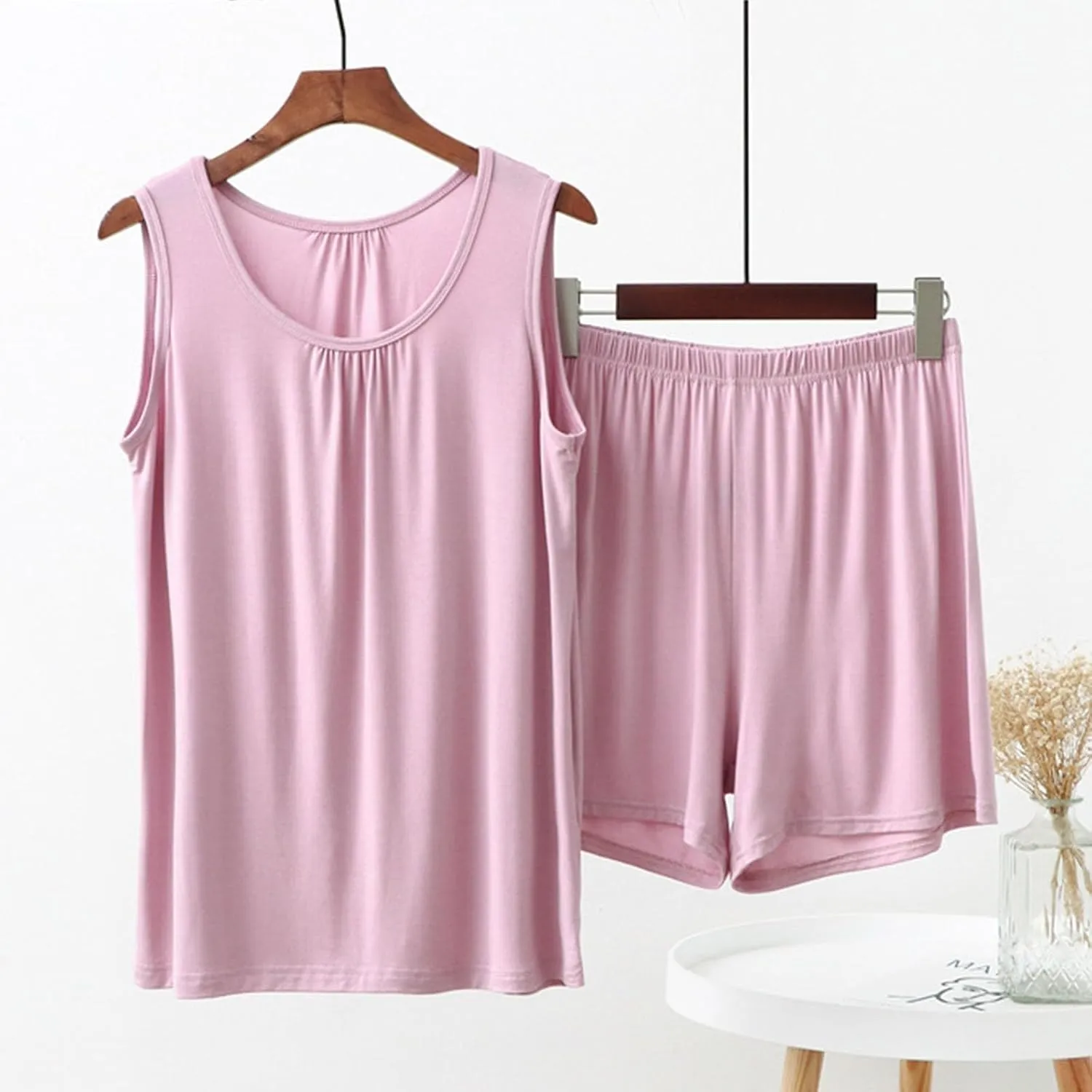 Miyaomn Pajamas Set for Women Comfortable Sleeveless Tank Top and Shorts Sets Solid Color Loose Vest Cami Soft Sleepwear 2pc