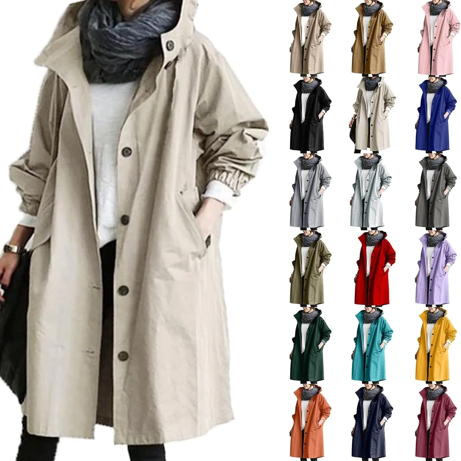 Miyaomn Rain Jacket for Women Lightweight Hooded Trench Coats Long Sleeve Windbreaker Outdoor Waterproof Raincoat with Pocket