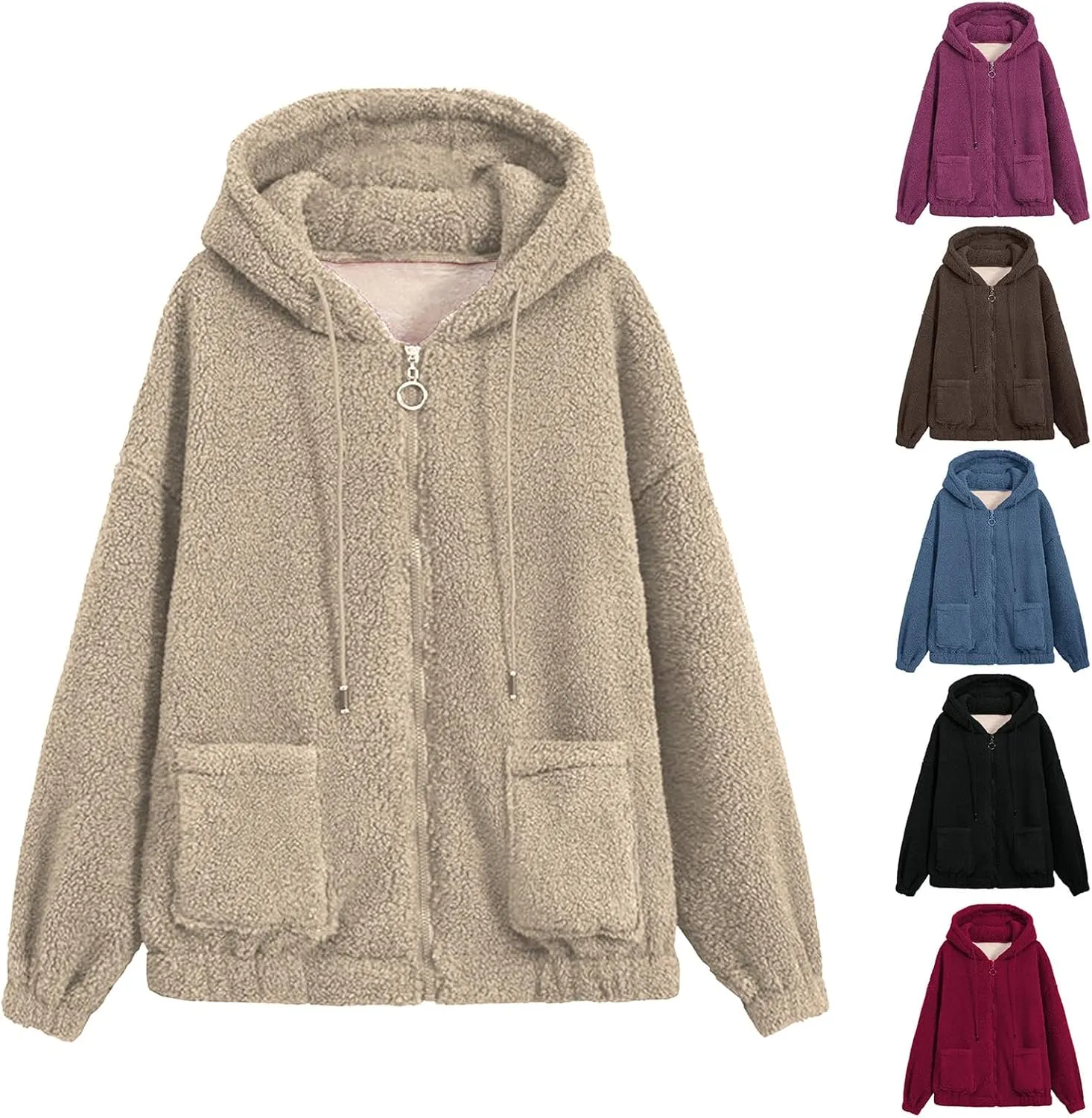 Miyaomn Women's Fuzzy Fleece Sweatshirt Hoodies Full Zip Sherpa Lined Hooded Jacket Thick Warm Winter Teddy Coat with Pockets
