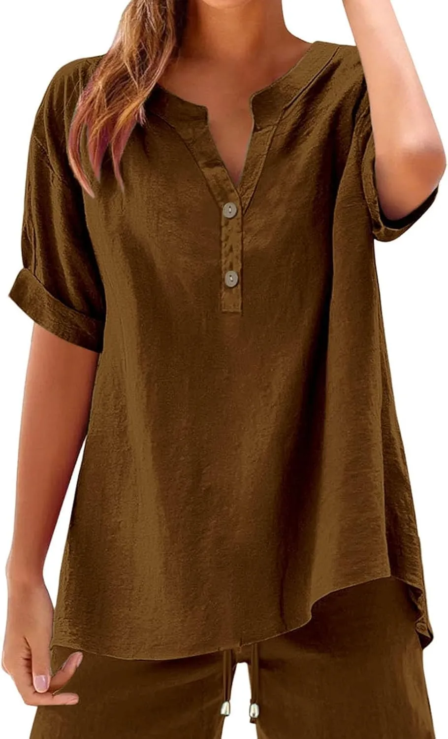 Miyaomn Women's Linen Tops Plus Size Summer Casual V Neck Blouses Short Sleeve Button Down Shirts 2025 Trendy Clothes Outfits