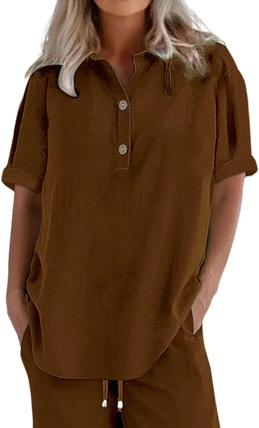 Miyaomn Women's Linen Tops Plus Size Summer Casual V Neck Blouses Short Sleeve Button Down Shirts 2025 Trendy Clothes Outfits