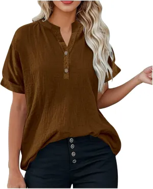 Miyaomn Women's Linen Tops Plus Size Summer Casual V Neck Blouses Short Sleeve Button Down Shirts 2025 Trendy Clothes Outfits