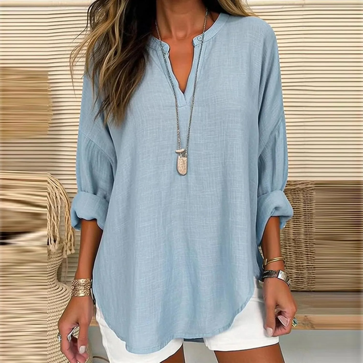 Miyaomn Women's Long Sleeve Oversized T Shirts Linen Casual V Neck Tunic Tops Roll-Up Sleeve Lightweight Soft Summer Blouse
