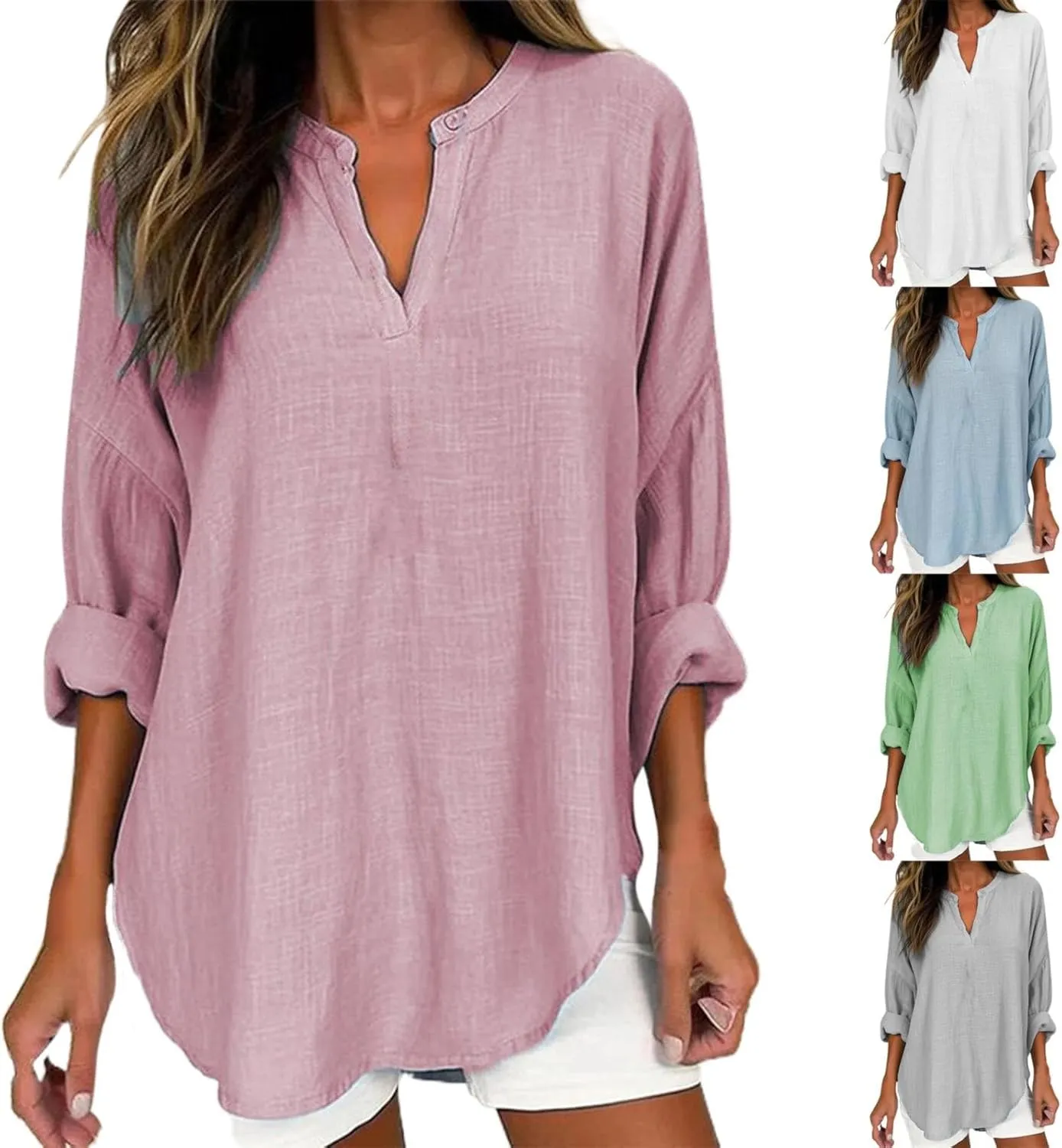 Miyaomn Women's Long Sleeve Oversized T Shirts Linen Casual V Neck Tunic Tops Roll-Up Sleeve Lightweight Soft Summer Blouse