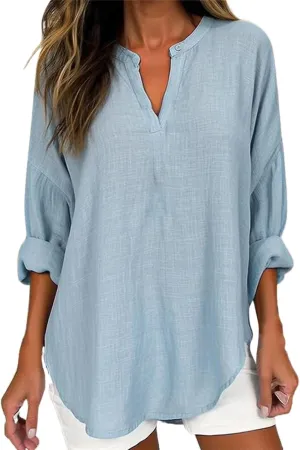 Miyaomn Women's Long Sleeve Oversized T Shirts Linen Casual V Neck Tunic Tops Roll-Up Sleeve Lightweight Soft Summer Blouse