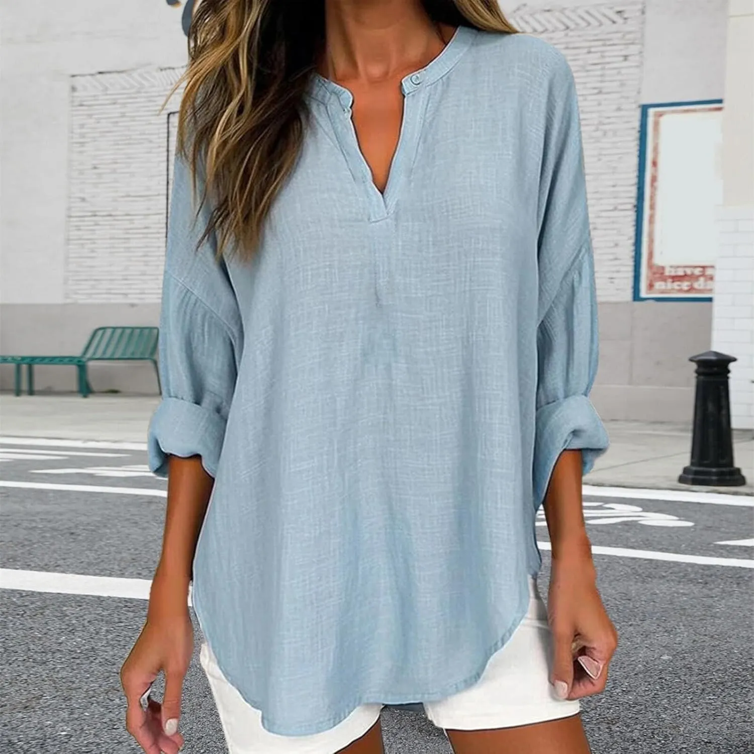 Miyaomn Women's Long Sleeve Oversized T Shirts Linen Casual V Neck Tunic Tops Roll-Up Sleeve Lightweight Soft Summer Blouse