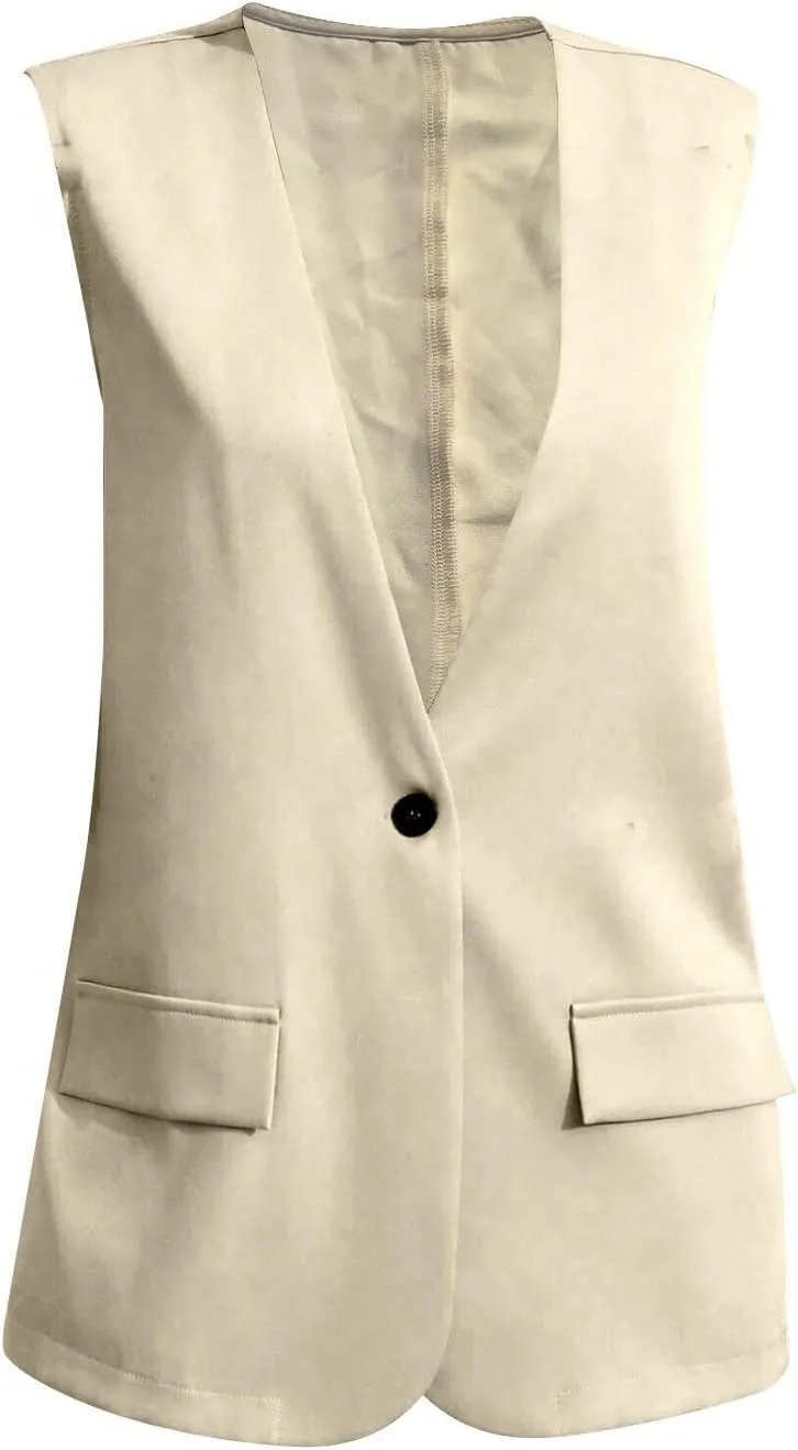 Miyaomn Women's Sleeveless Blazer Jackets Open Front Button Long Vest Dressy Casual Deep V Neck Office Waistcoat Cardigan Top