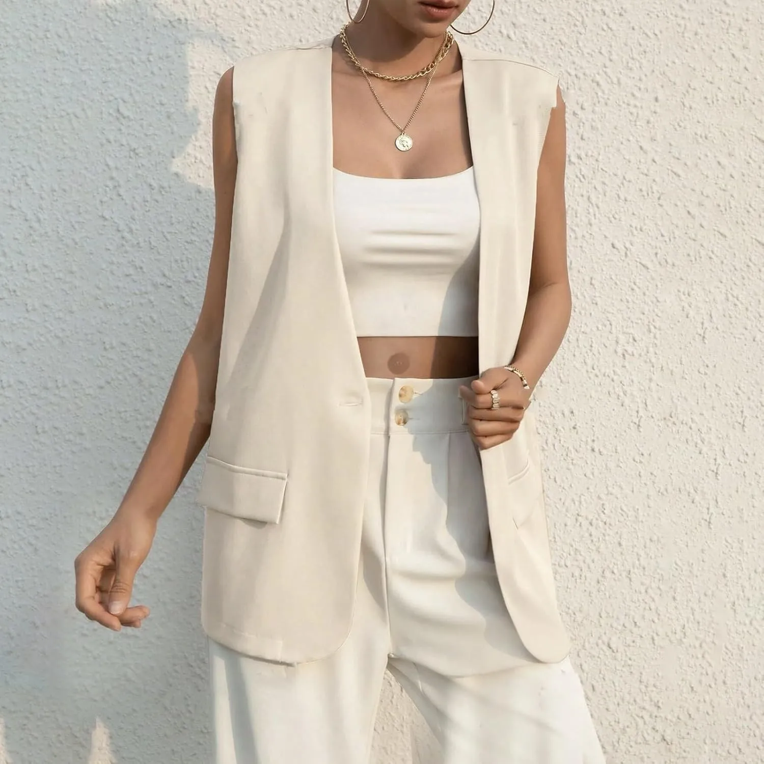 Miyaomn Women's Sleeveless Blazer Jackets Open Front Button Long Vest Dressy Casual Deep V Neck Office Waistcoat Cardigan Top