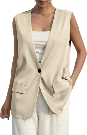 Miyaomn Women's Sleeveless Blazer Jackets Open Front Button Long Vest Dressy Casual Deep V Neck Office Waistcoat Cardigan Top