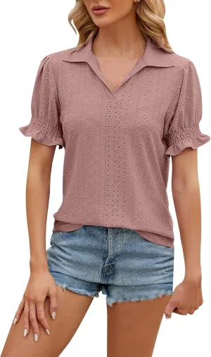 Miyaomn Womens Summer Tops 2025 Trendy Eyelet Ruffles Short Sleeve Tunics Casual V Neck Tshirts Fashion Solid Blouses Clothes