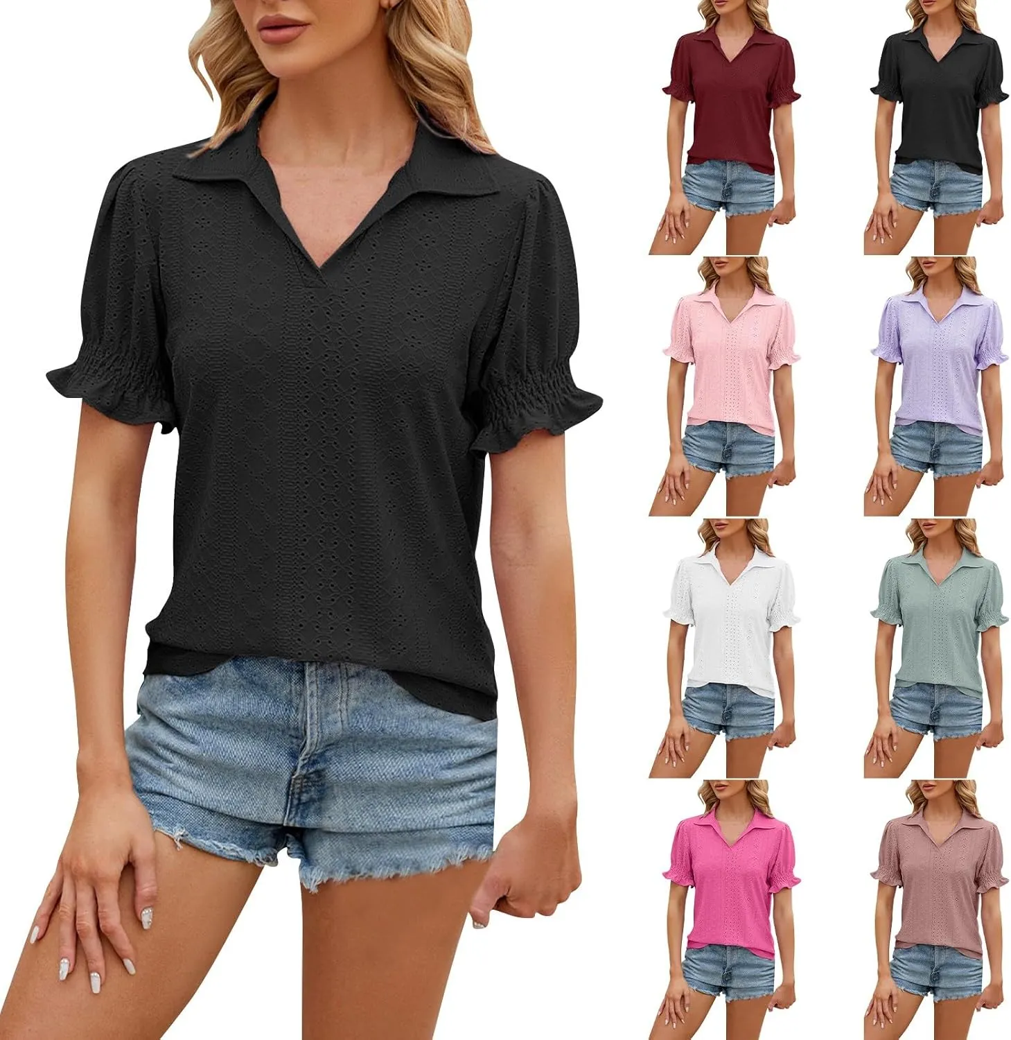 Miyaomn Womens Summer Tops 2025 Trendy Eyelet Ruffles Short Sleeve Tunics Casual V Neck Tshirts Fashion Solid Blouses Clothes