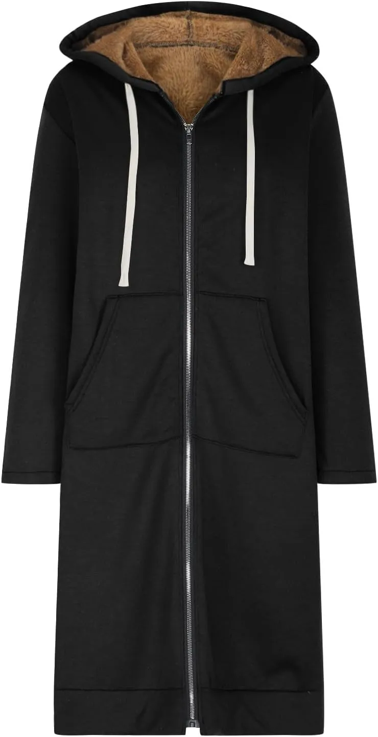 Miyaomn Women's Zip Up Oversized Long Hoodies Sherpa Lined Long Sleeve Hooded Sweatshirts Winter Fleece Jackets with Pockets