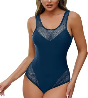 Modest Swimsuits for Women Fashion Mesh Patchwork One Piece Backless Padded Swimwear Summer Tummy Control Swimsuit