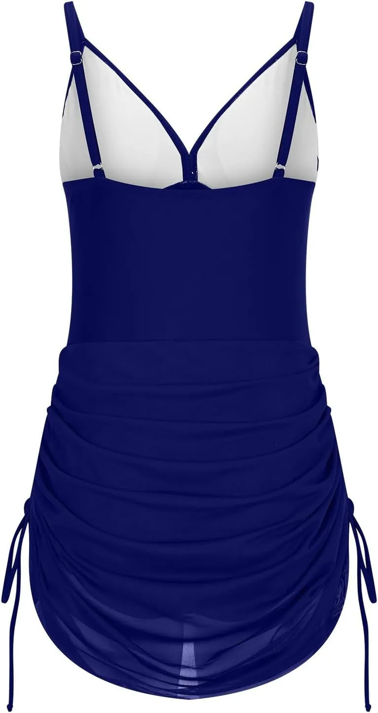 One Piece Swimsuit Women Mesh Cutout Tummy Control Bathing Suits Adjustable Spaghetti Straps Front Cross Swimwear