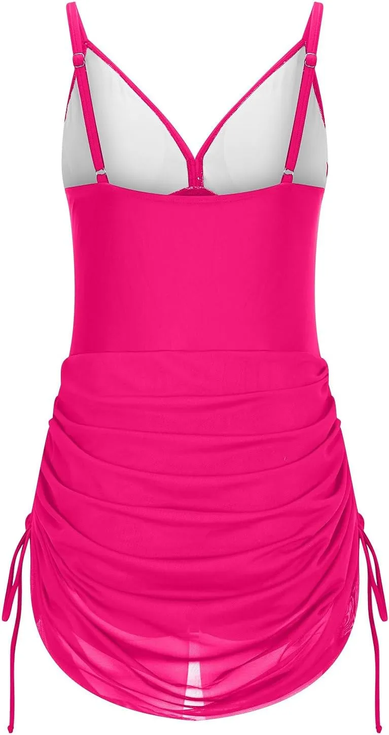 One Piece Swimsuit Women Mesh Cutout Tummy Control Bathing Suits Adjustable Spaghetti Straps Front Cross Swimwear