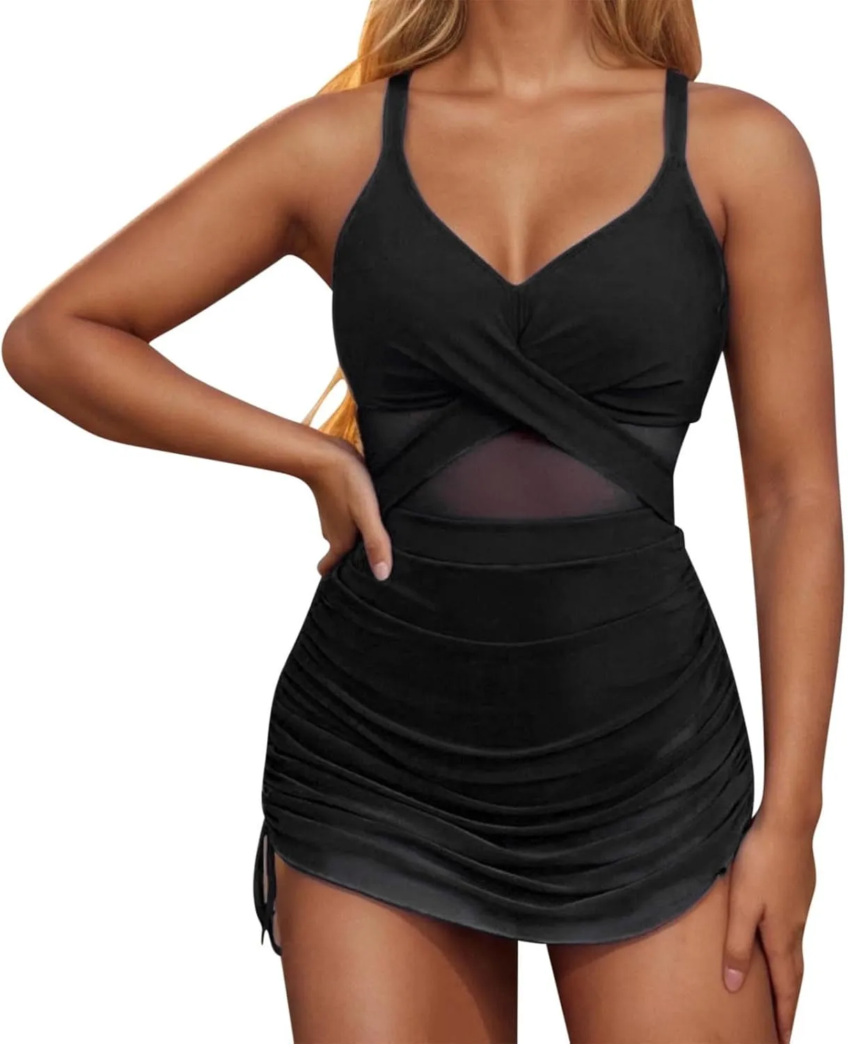 One Piece Swimsuit Women Mesh Cutout Tummy Control Bathing Suits Adjustable Spaghetti Straps Front Cross Swimwear