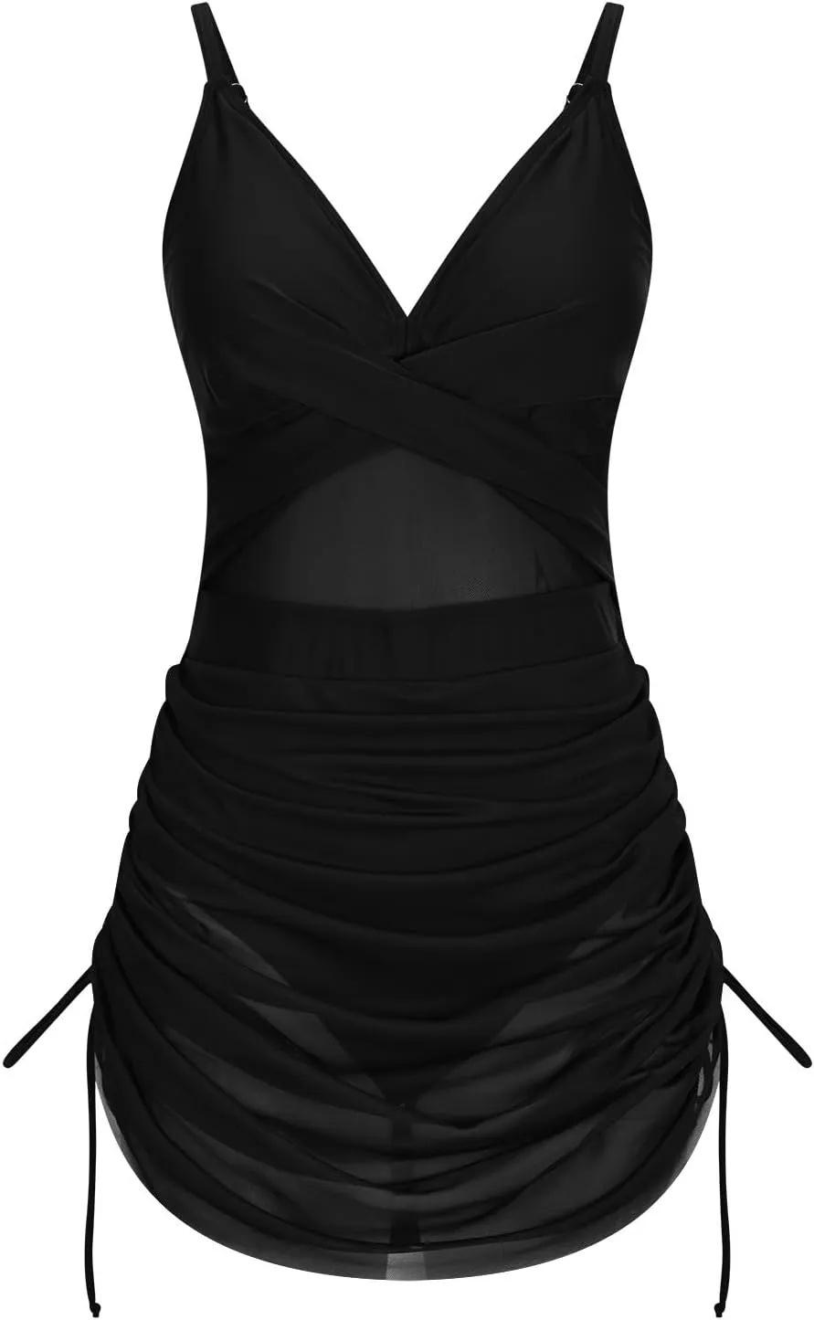 One Piece Swimsuit Women Mesh Cutout Tummy Control Bathing Suits Adjustable Spaghetti Straps Front Cross Swimwear