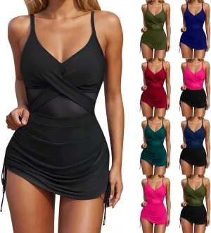 One Piece Swimsuit Women Mesh Cutout Tummy Control Bathing Suits Adjustable Spaghetti Straps Front Cross Swimwear