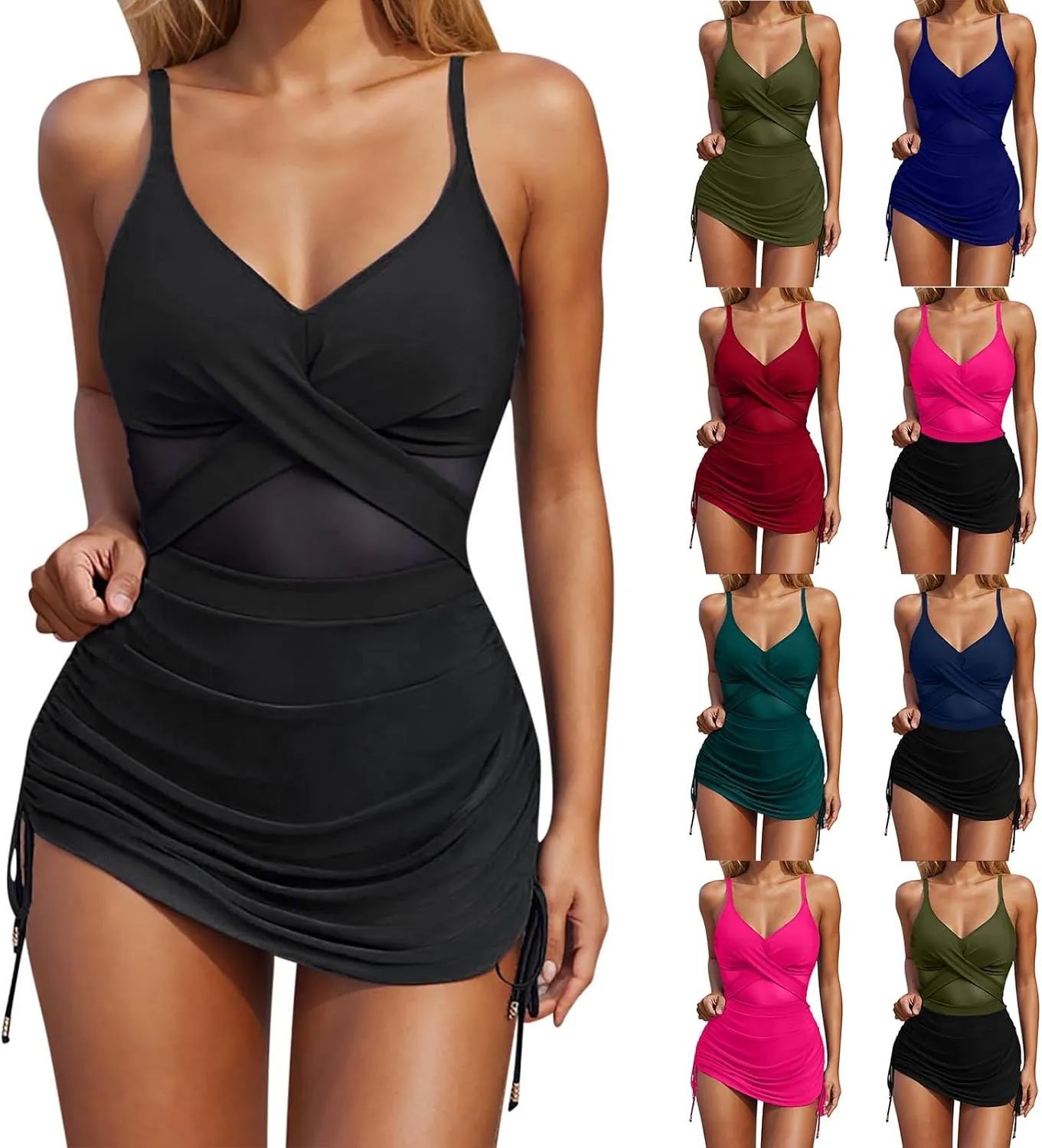 One Piece Swimsuit Women Mesh Cutout Tummy Control Bathing Suits Adjustable Spaghetti Straps Front Cross Swimwear