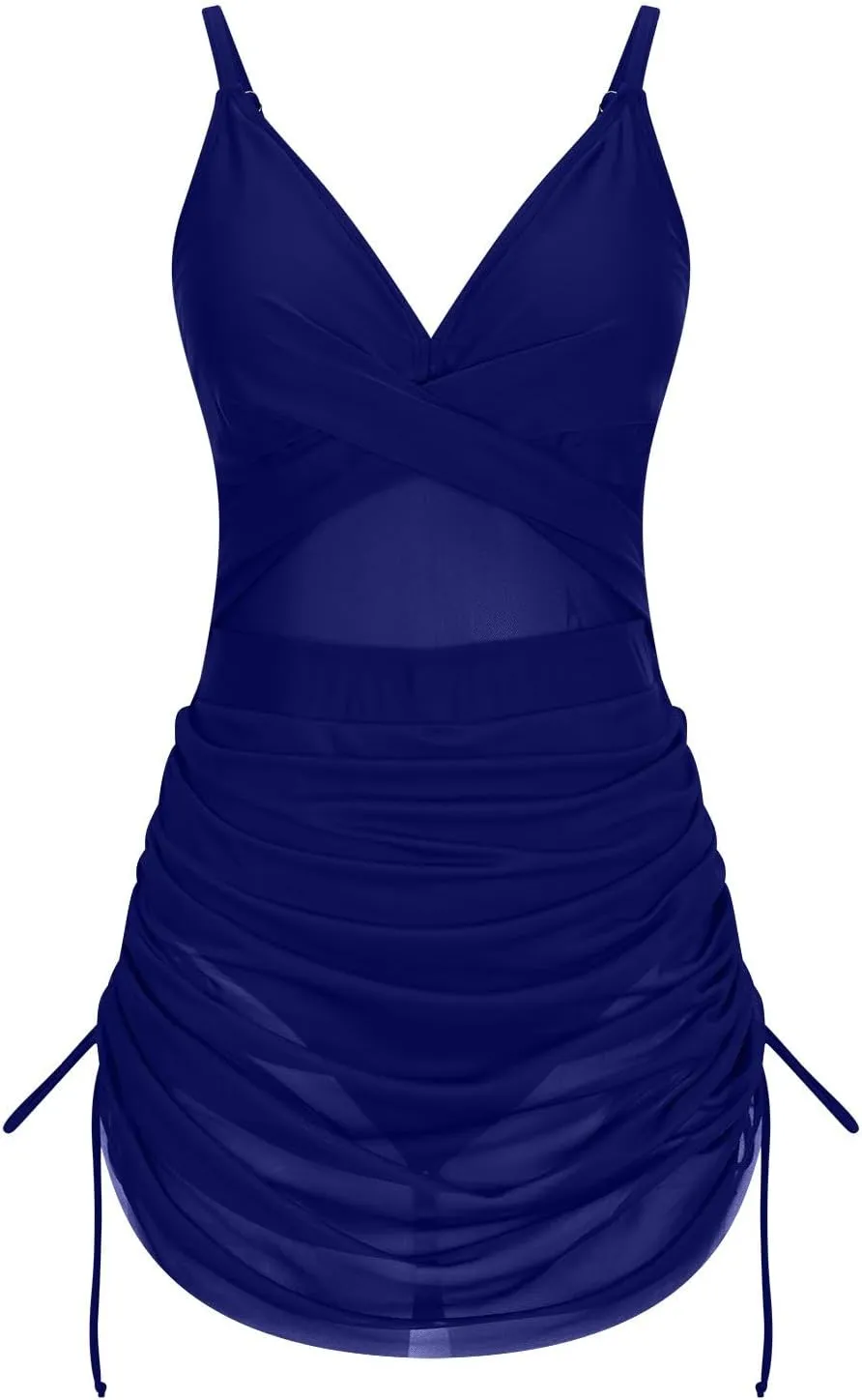 One Piece Swimsuit Women Mesh Cutout Tummy Control Bathing Suits Adjustable Spaghetti Straps Front Cross Swimwear