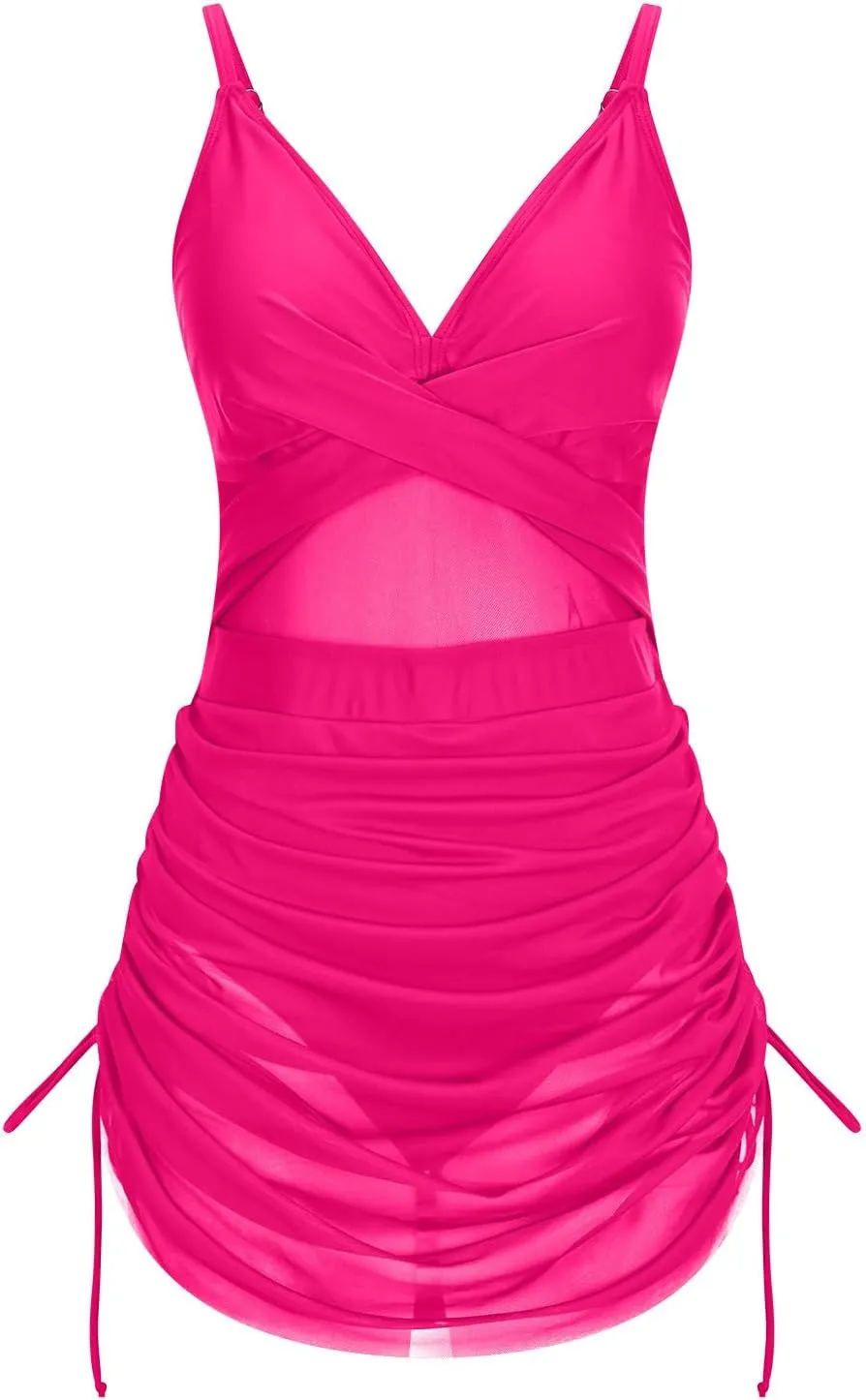 One Piece Swimsuit Women Mesh Cutout Tummy Control Bathing Suits Adjustable Spaghetti Straps Front Cross Swimwear