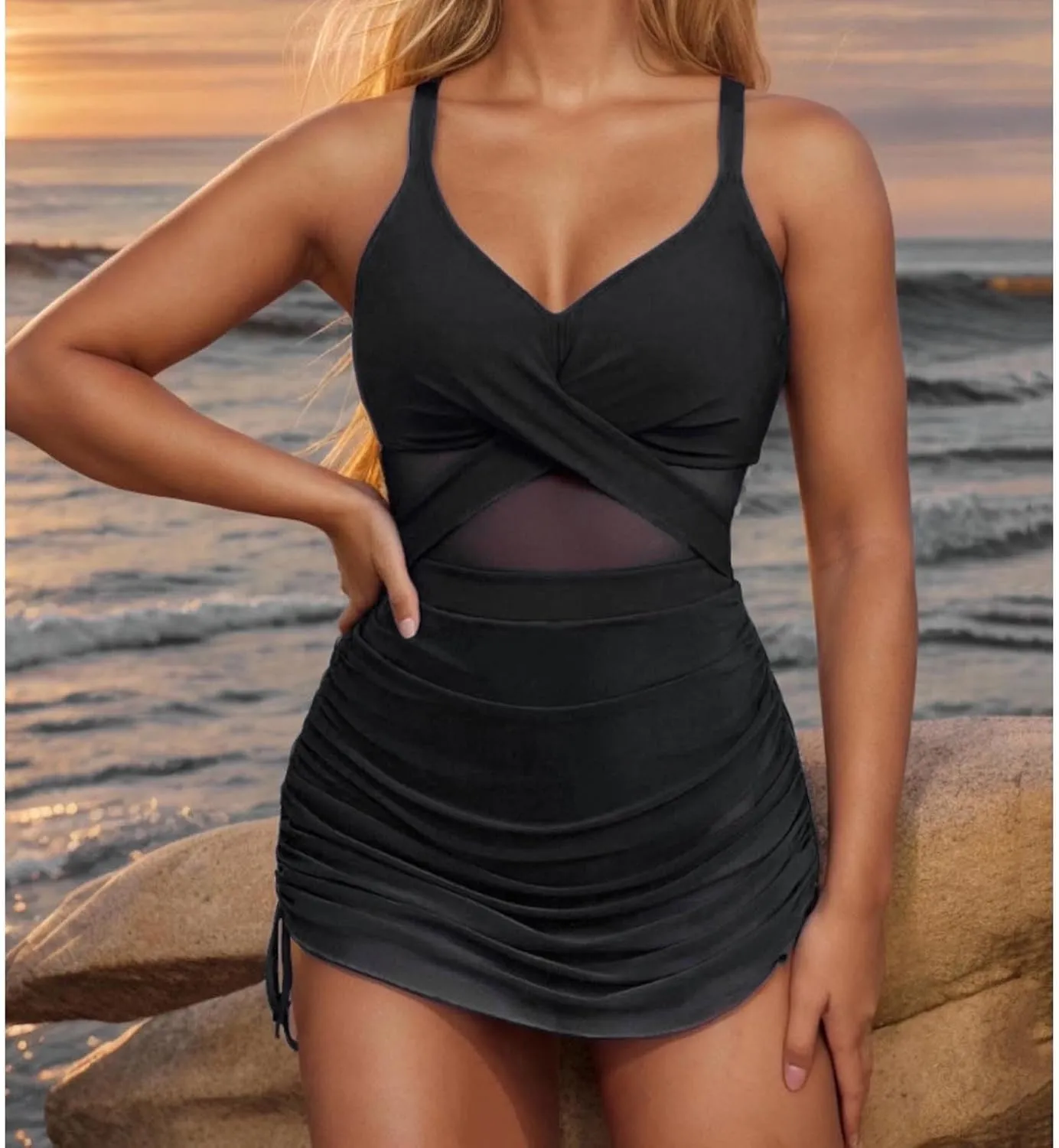 One Piece Swimsuit Women Mesh Cutout Tummy Control Bathing Suits Adjustable Spaghetti Straps Front Cross Swimwear