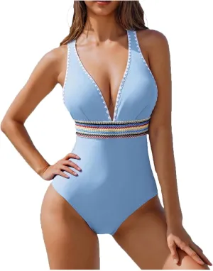 One Piece Swimsuit Women Tummy Control Bathing Suits Slimming Modest Color Block Swim Suits 2025 Sexy V Neck Swimwear
