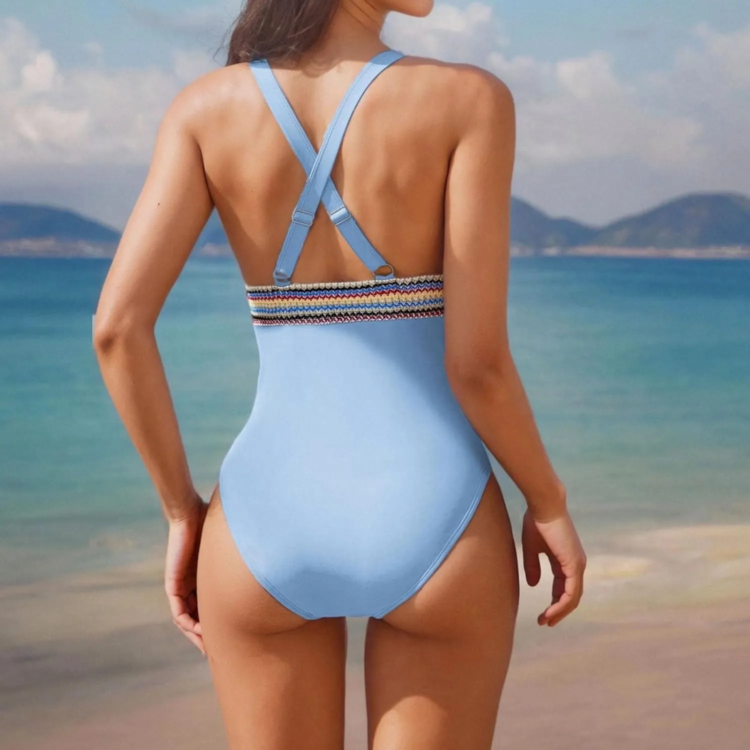 One Piece Swimsuit Women Tummy Control Bathing Suits Slimming Modest Color Block Swim Suits 2025 Sexy V Neck Swimwear