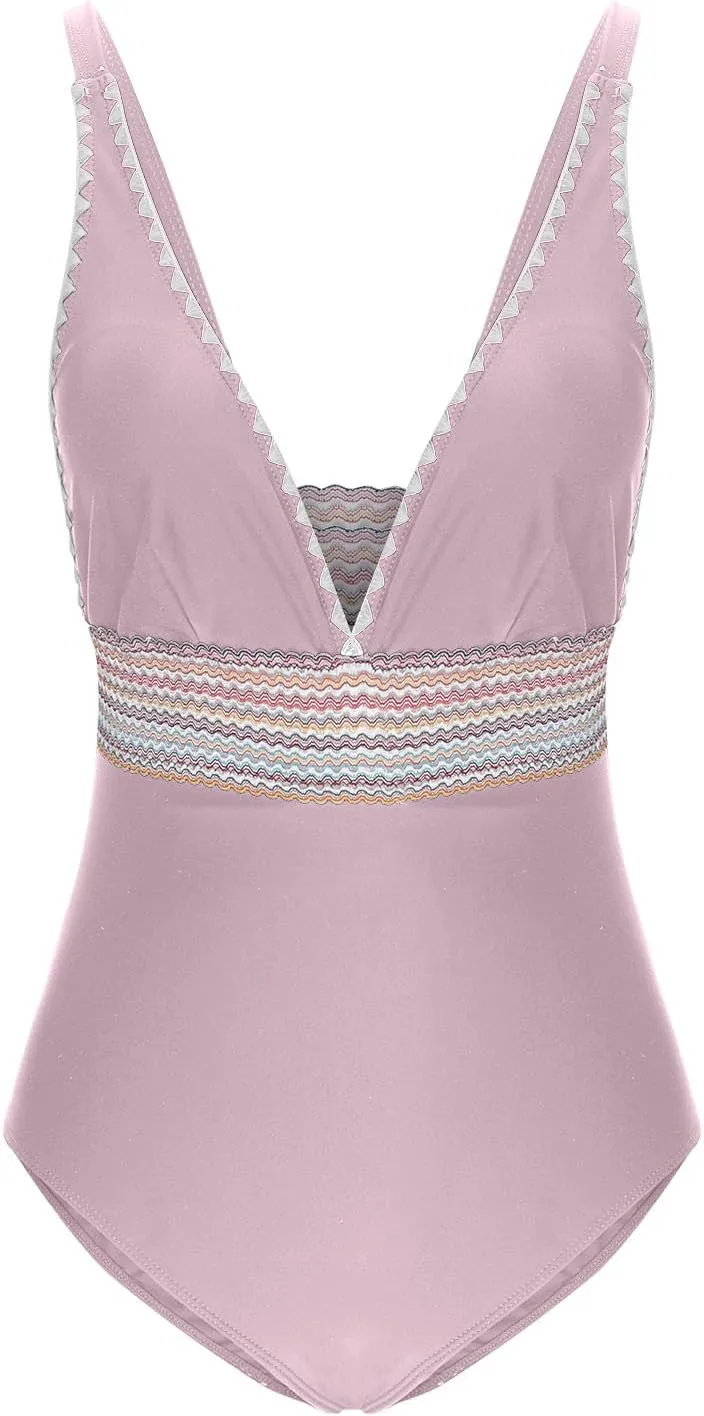 One Piece Swimsuit Women Tummy Control Bathing Suits Slimming Modest Color Block Swim Suits 2025 V Neck Swimwear