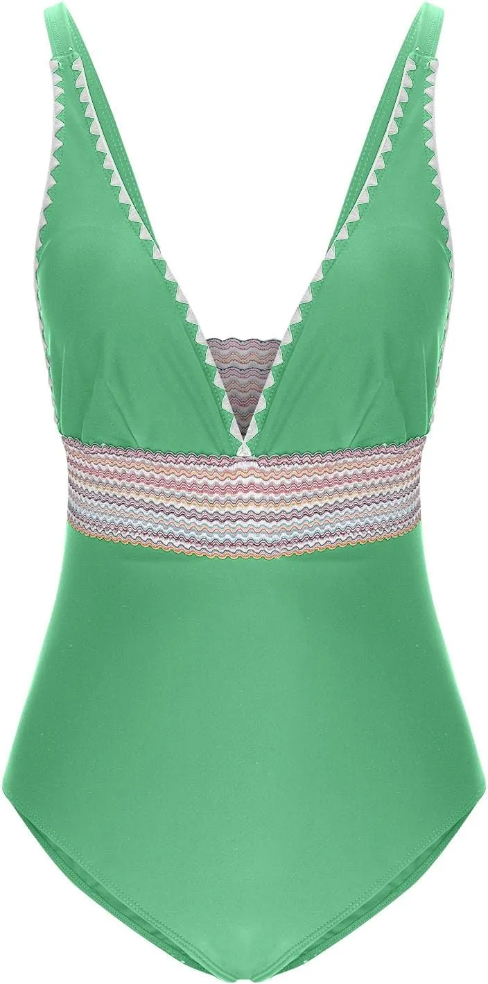 One Piece Swimsuit Women Tummy Control Bathing Suits Slimming Modest Color Block Swim Suits 2025 V Neck Swimwear