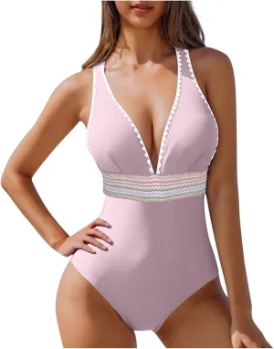 One Piece Swimsuit Women Tummy Control Bathing Suits Slimming Modest Color Block Swim Suits 2025 V Neck Swimwear