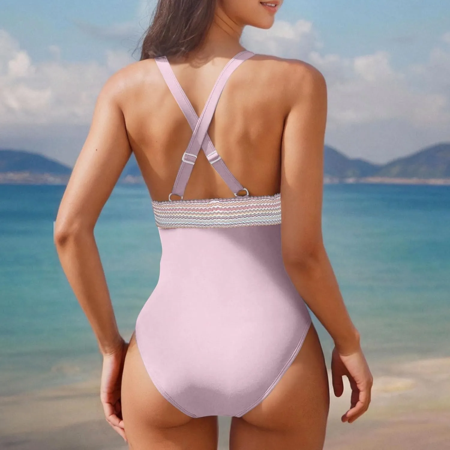 One Piece Swimsuit Women Tummy Control Bathing Suits Slimming Modest Color Block Swim Suits 2025 V Neck Swimwear