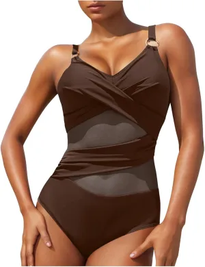 One Piece Swimsuit Women Tummy Control V-Neck Sexy Mesh Patchwork Bathing Suits 2025 Summer High Waisted Swimwear