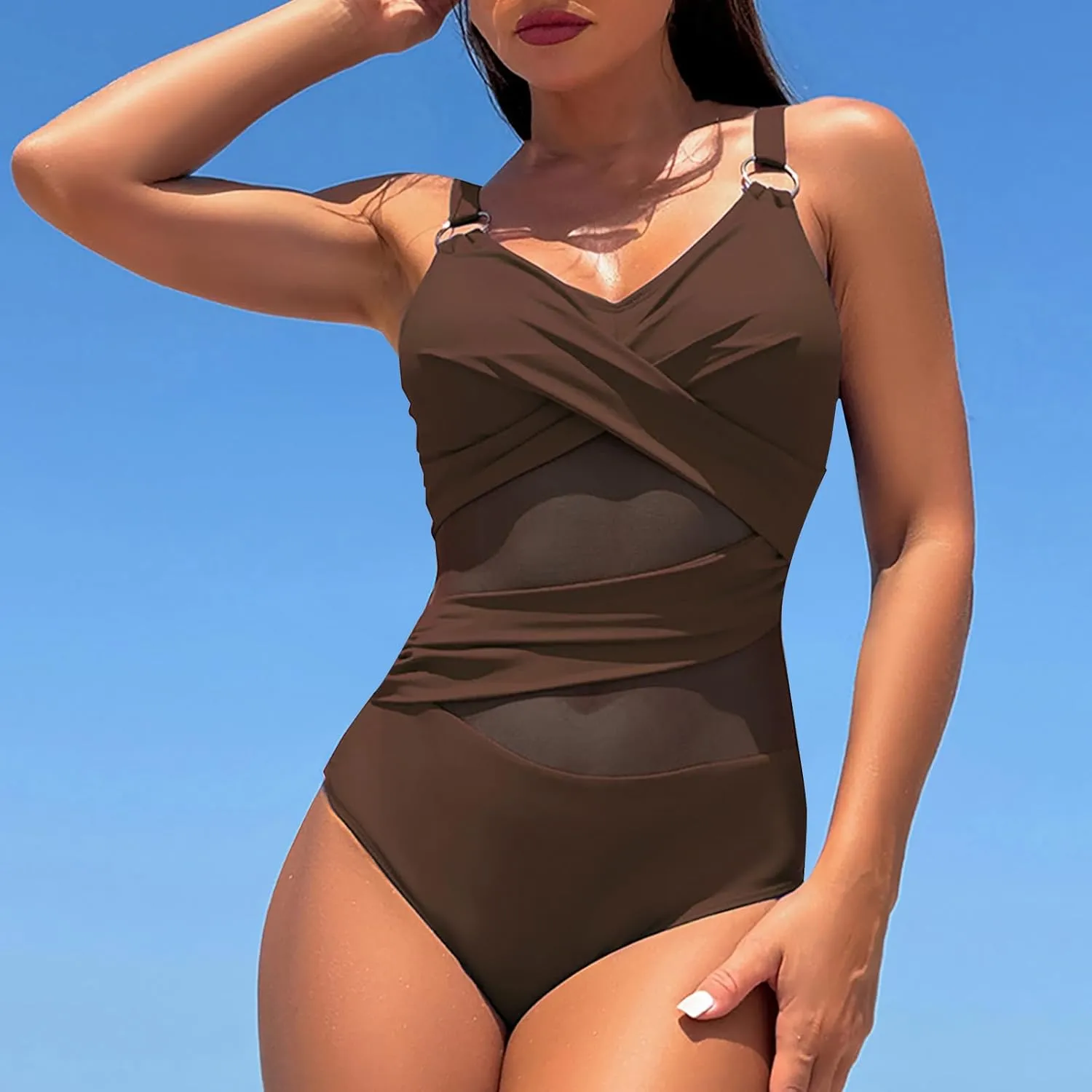 One Piece Swimsuit Women Tummy Control V-Neck Sexy Mesh Patchwork Bathing Suits 2025 Summer High Waisted Swimwear
