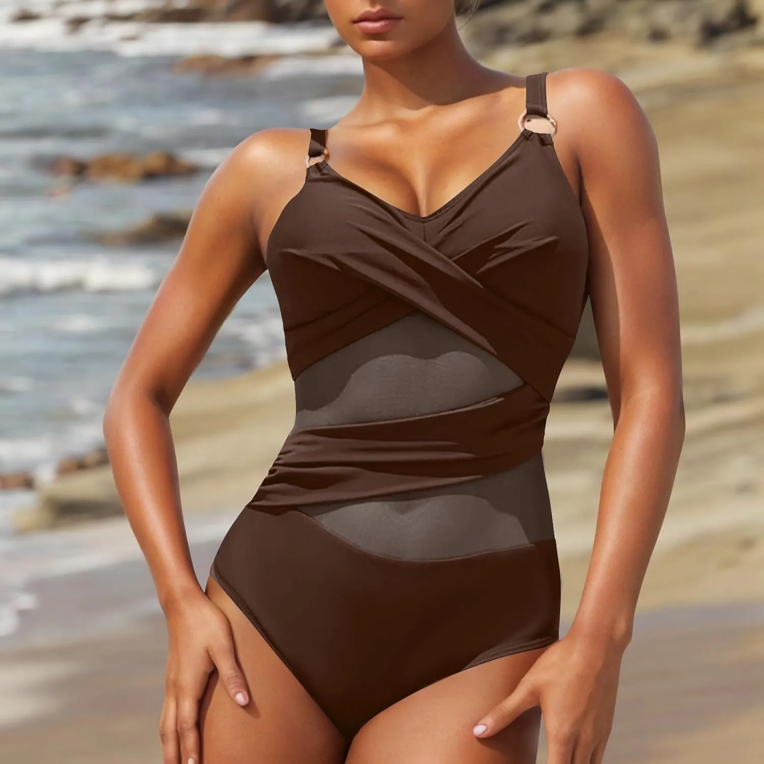 One Piece Swimsuit Women Tummy Control V-Neck Sexy Mesh Patchwork Bathing Suits 2025 Summer High Waisted Swimwear