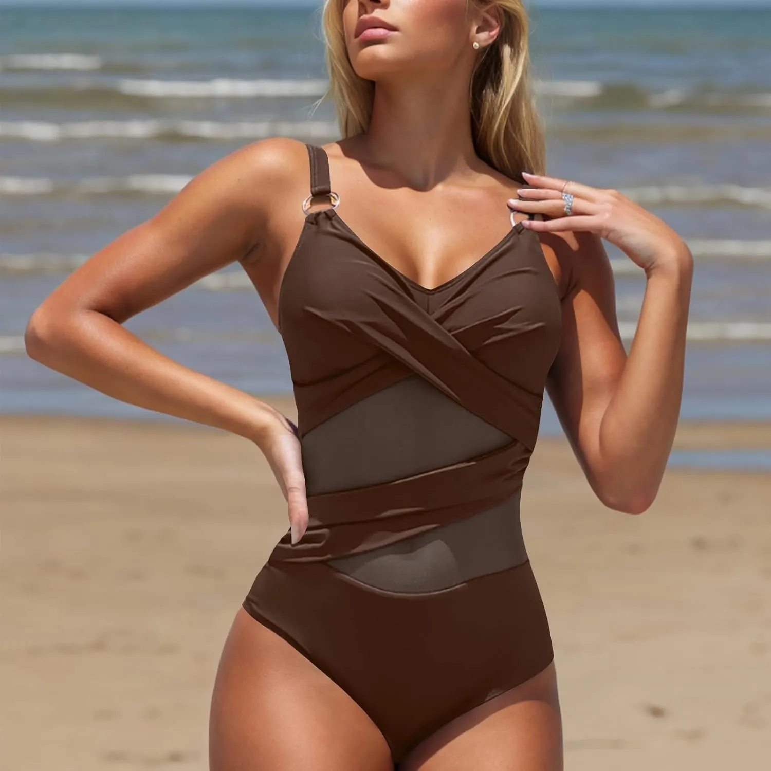 One Piece Swimsuit Women Tummy Control V-Neck Sexy Mesh Patchwork Bathing Suits 2025 Summer High Waisted Swimwear